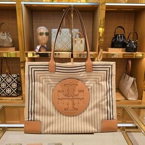 Tory Burch Ella Large Tan and Cream Striped Tote
